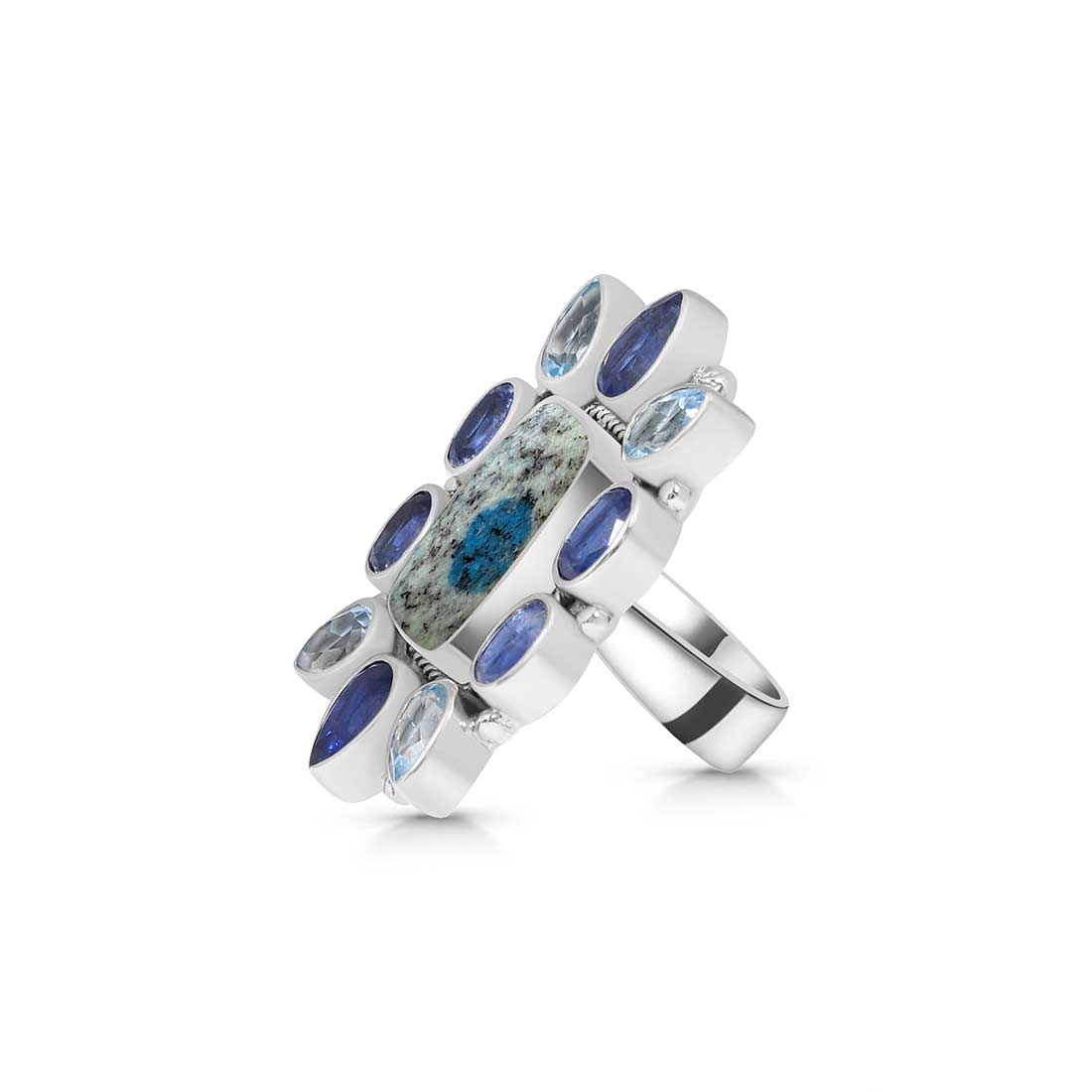 K2 Jasper, Blue Topaz And Kyanite Flower Adjustable Ring-(K2J-FLR-3.)
