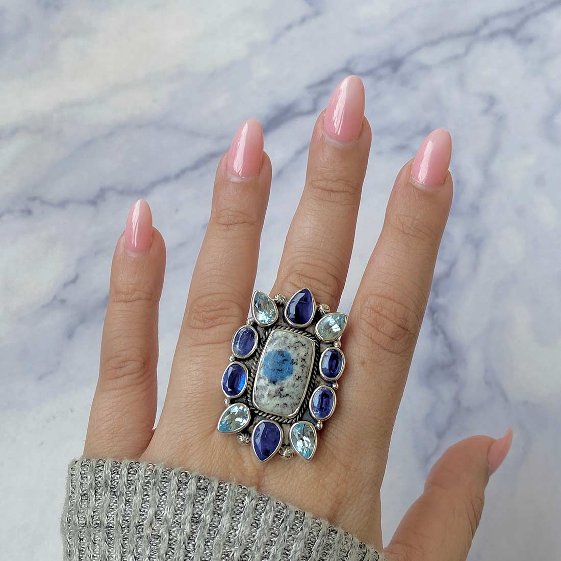 K2 Jasper, Blue Topaz And Kyanite Flower Adjustable Ring-(K2J-FLR-3.)