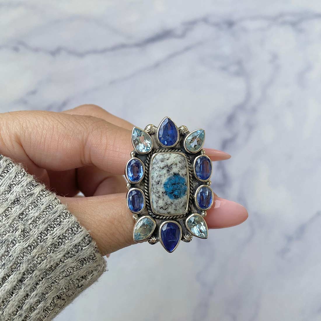 K2 Jasper, Blue Topaz And Kyanite Flower Adjustable Ring-(K2J-FLR-3.)