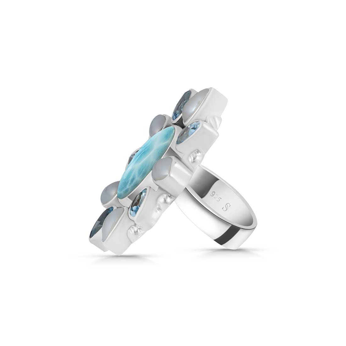 Larimar, Pearl And Blue Topaz Flower Statement Adjustable Ring-(LAR-FLR-2.)