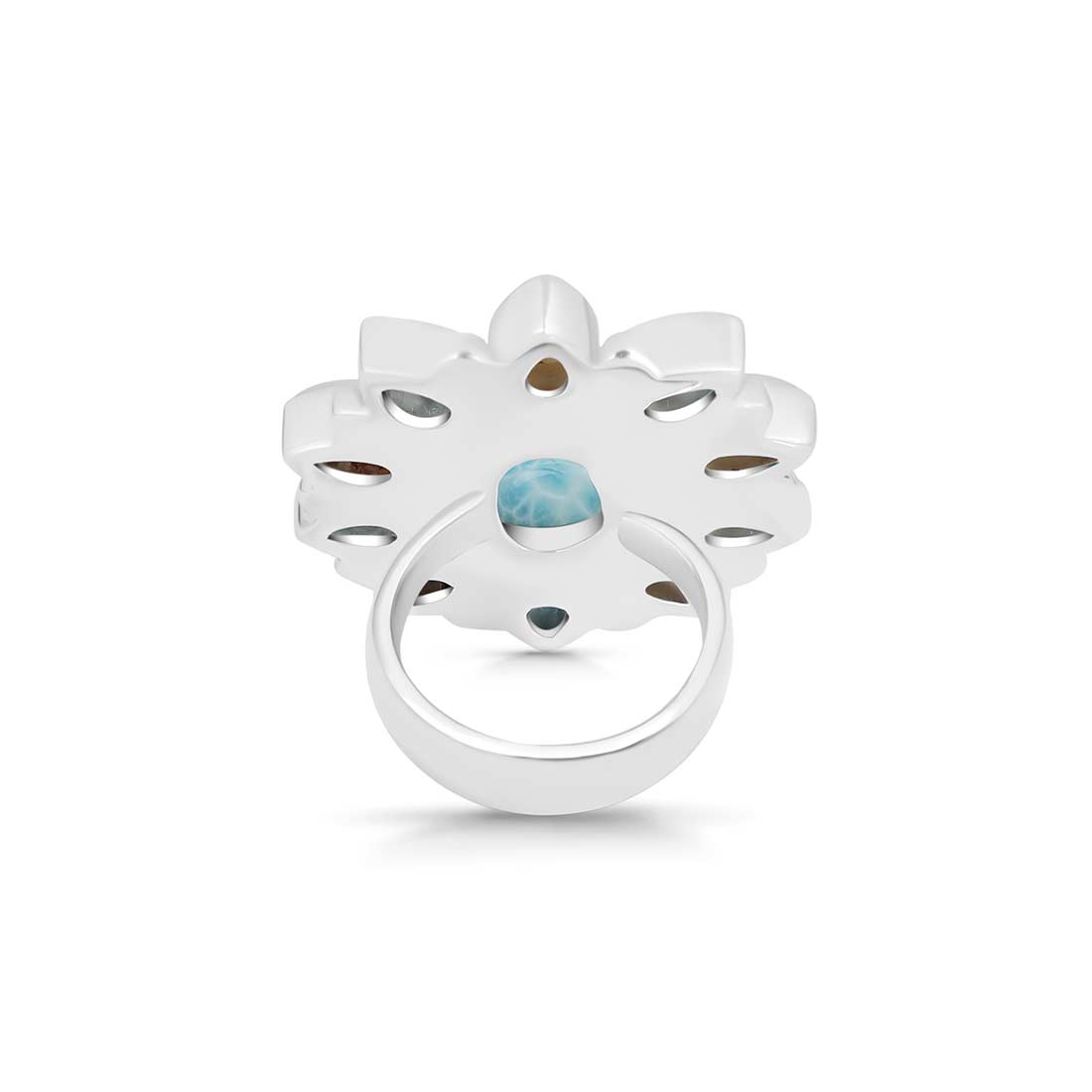 Larimar, Pearl And Blue Topaz Flower Statement Adjustable Ring-(LAR-FLR-2.)