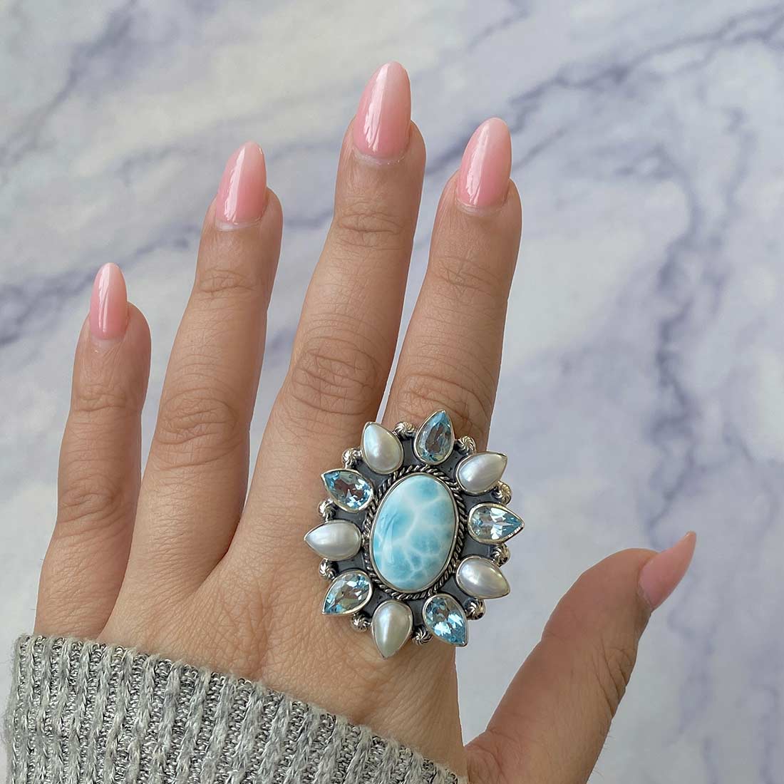 Larimar, Pearl And Blue Topaz Flower Statement Adjustable Ring-(LAR-FLR-2.)