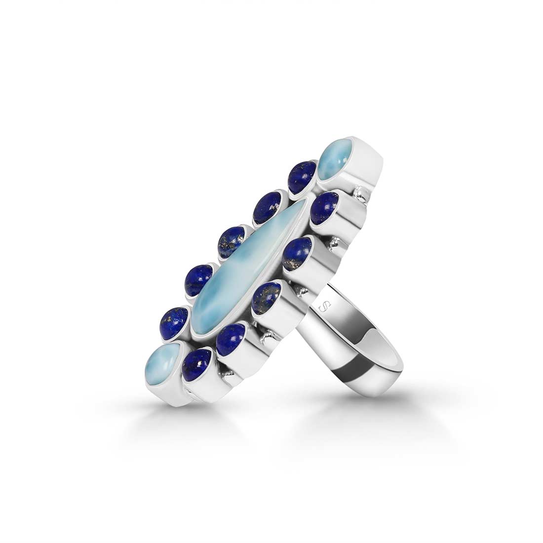 Larimar Lapis Lazuli Adjustable Ring-(LAR-FLR-17.)