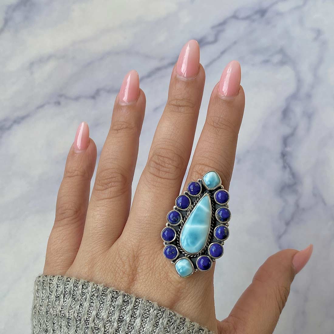 Larimar Lapis Lazuli Adjustable Ring-(LAR-FLR-17.)