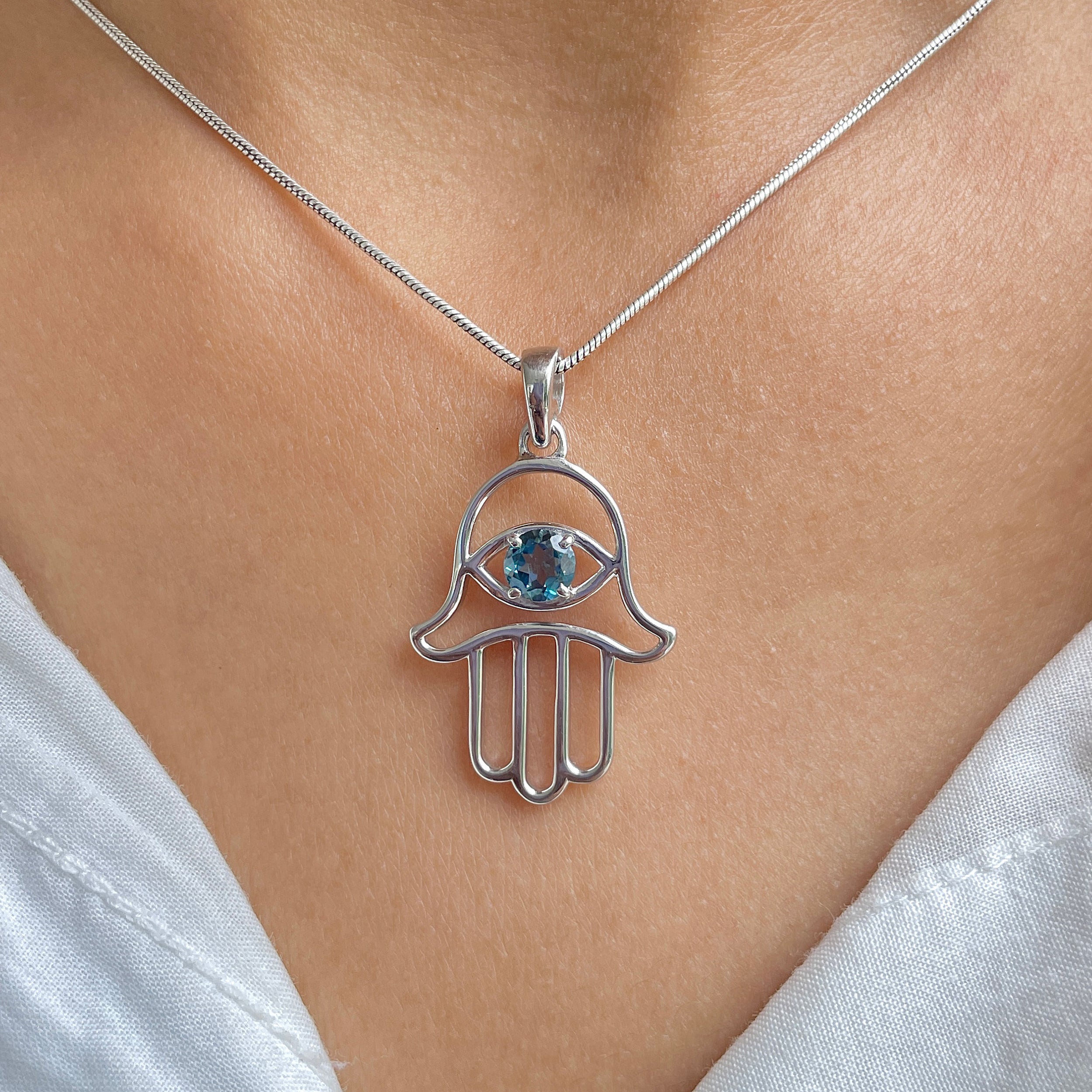 London Blue Topaz Hamsa Hand Pendant-(LBTZ-SN-172P.)