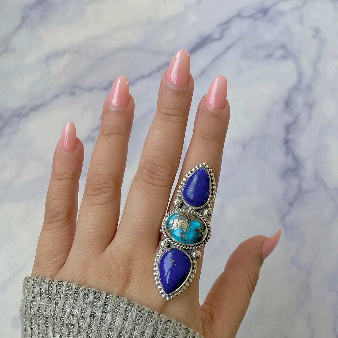 Lapis Lazuli And Turquoise Adjustable Ring-(LLP-CLS-6.)