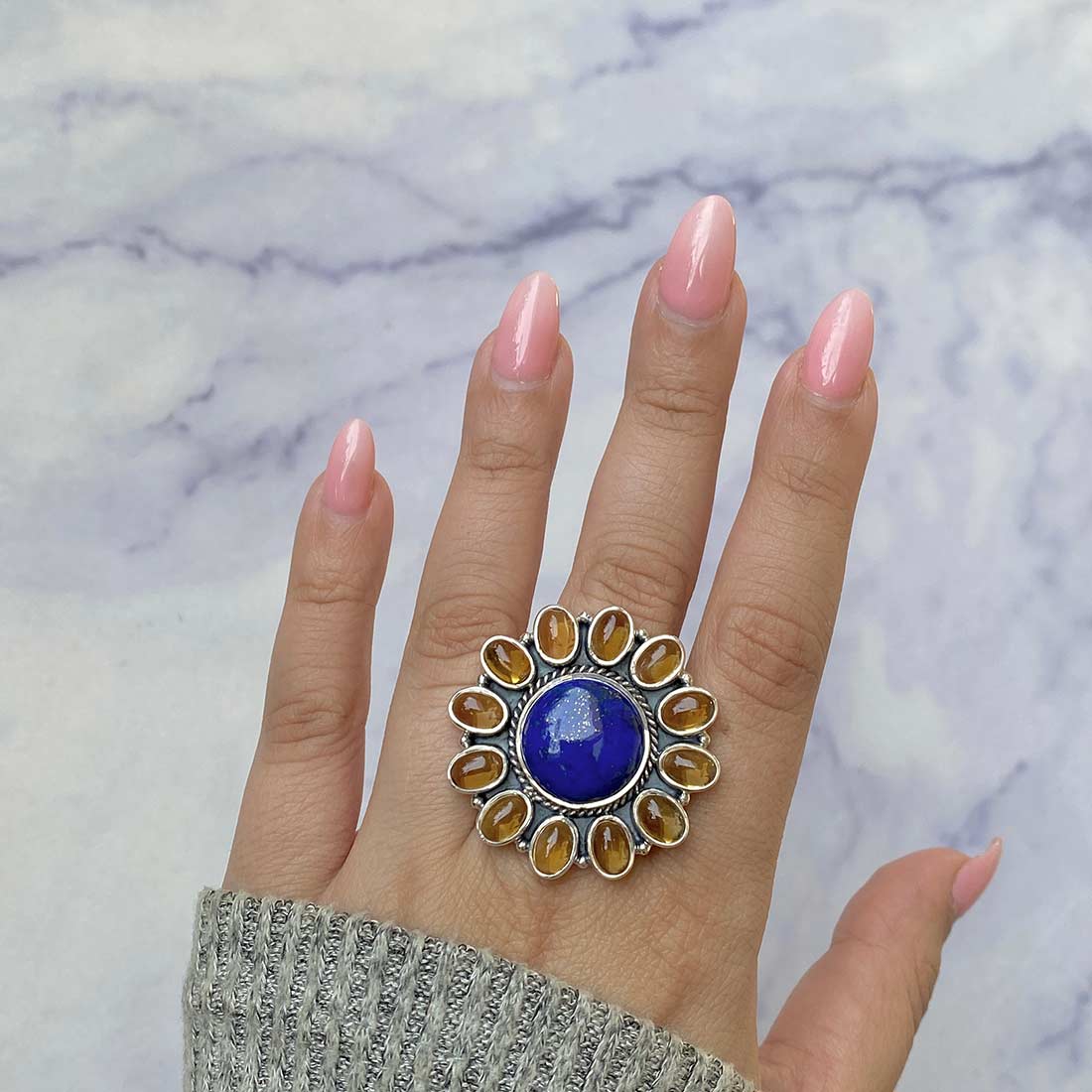 Lapis Lazuli Citrine Adjustable Ring-(LLP-FLR-10.)