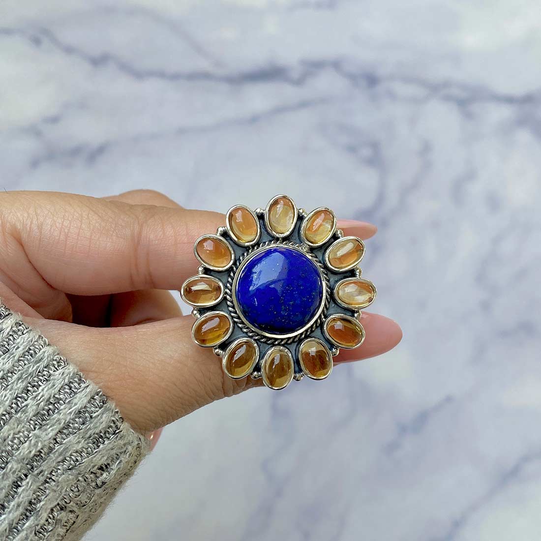 Lapis Lazuli Citrine Adjustable Ring-(LLP-FLR-10.)