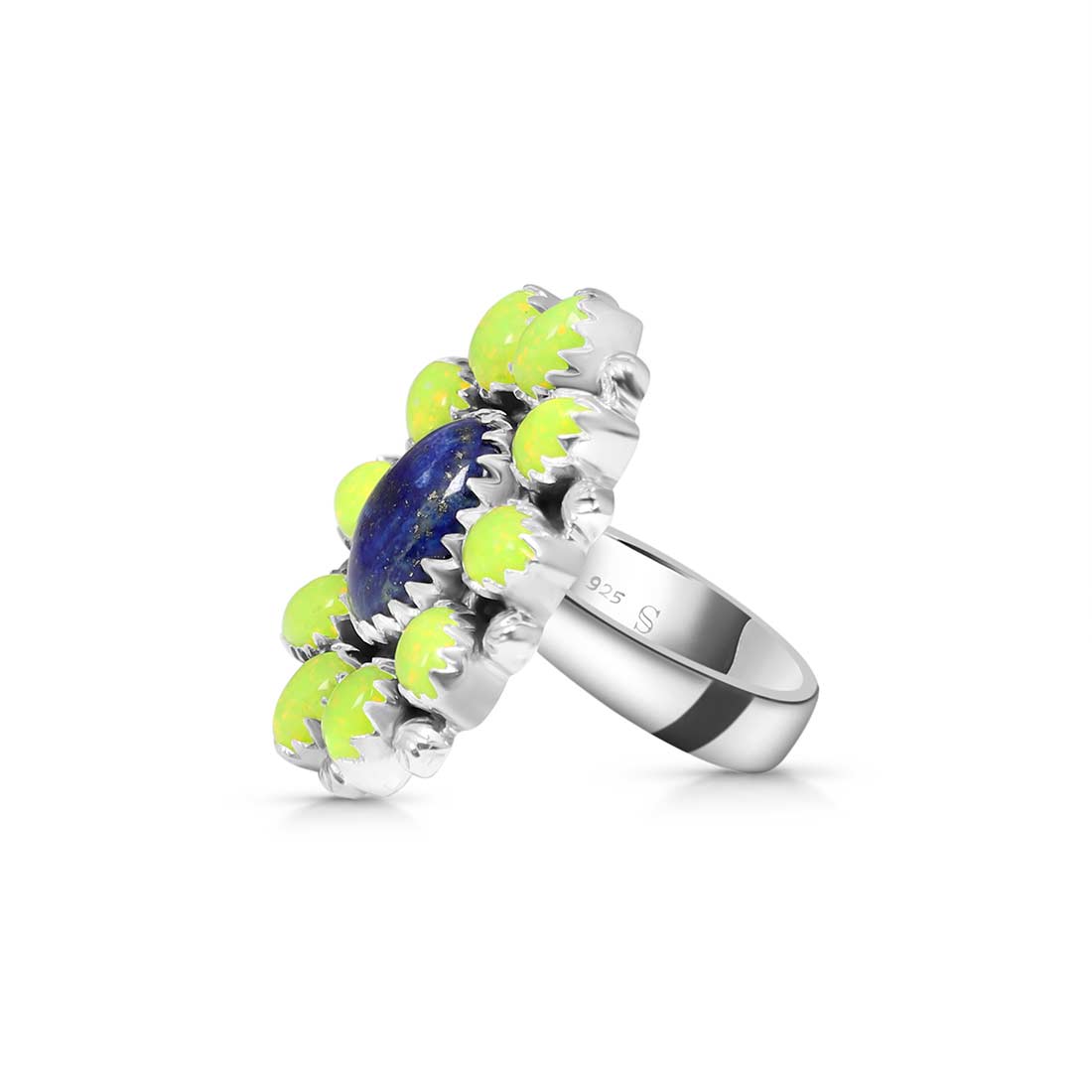 Lapis And Neon Yellow Opal Adjustable Ring-(LLP-FLR-16.)