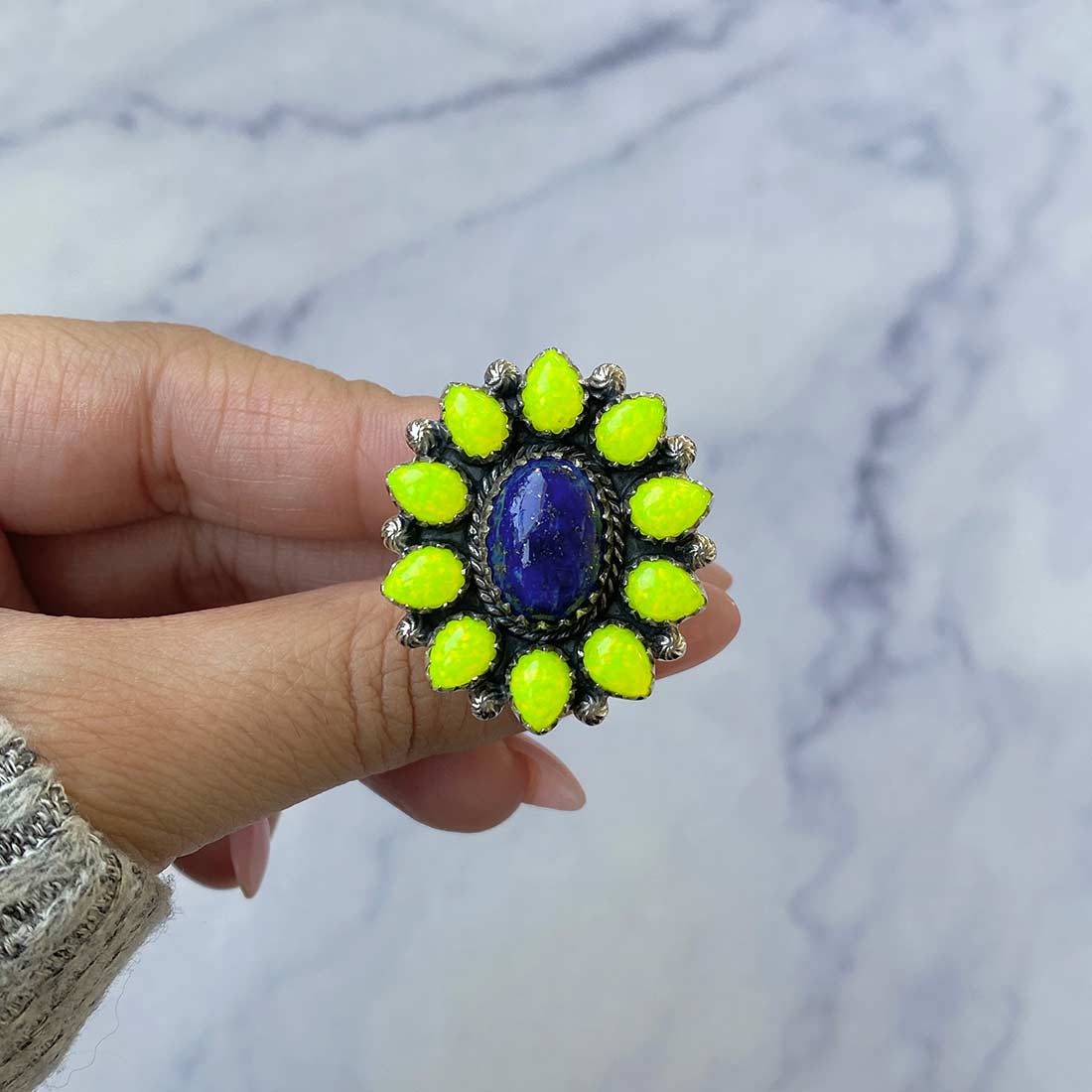 Lapis And Neon Yellow Opal Adjustable Ring-(LLP-FLR-16.)