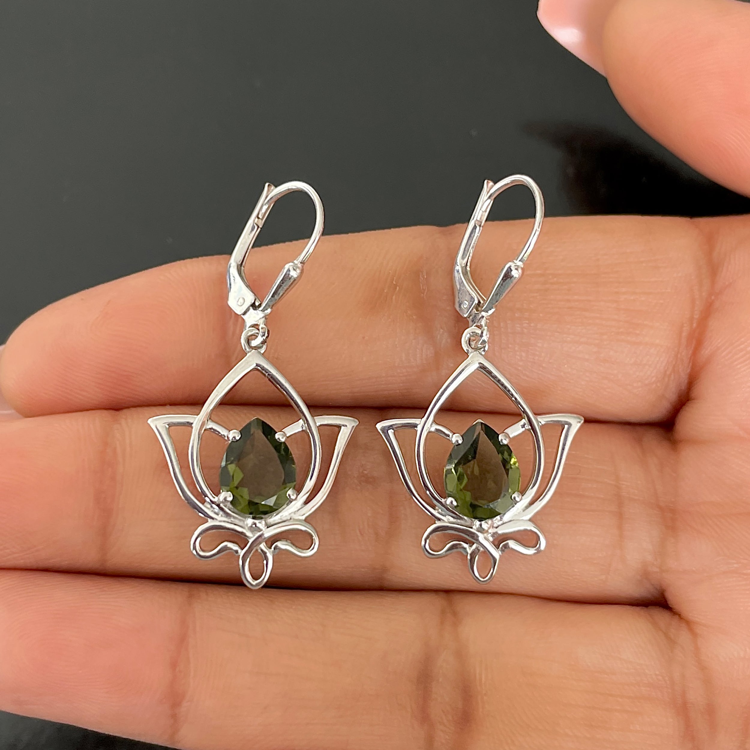 Moldavite Lotus Leverback Earring-(MLD-SE-877.)