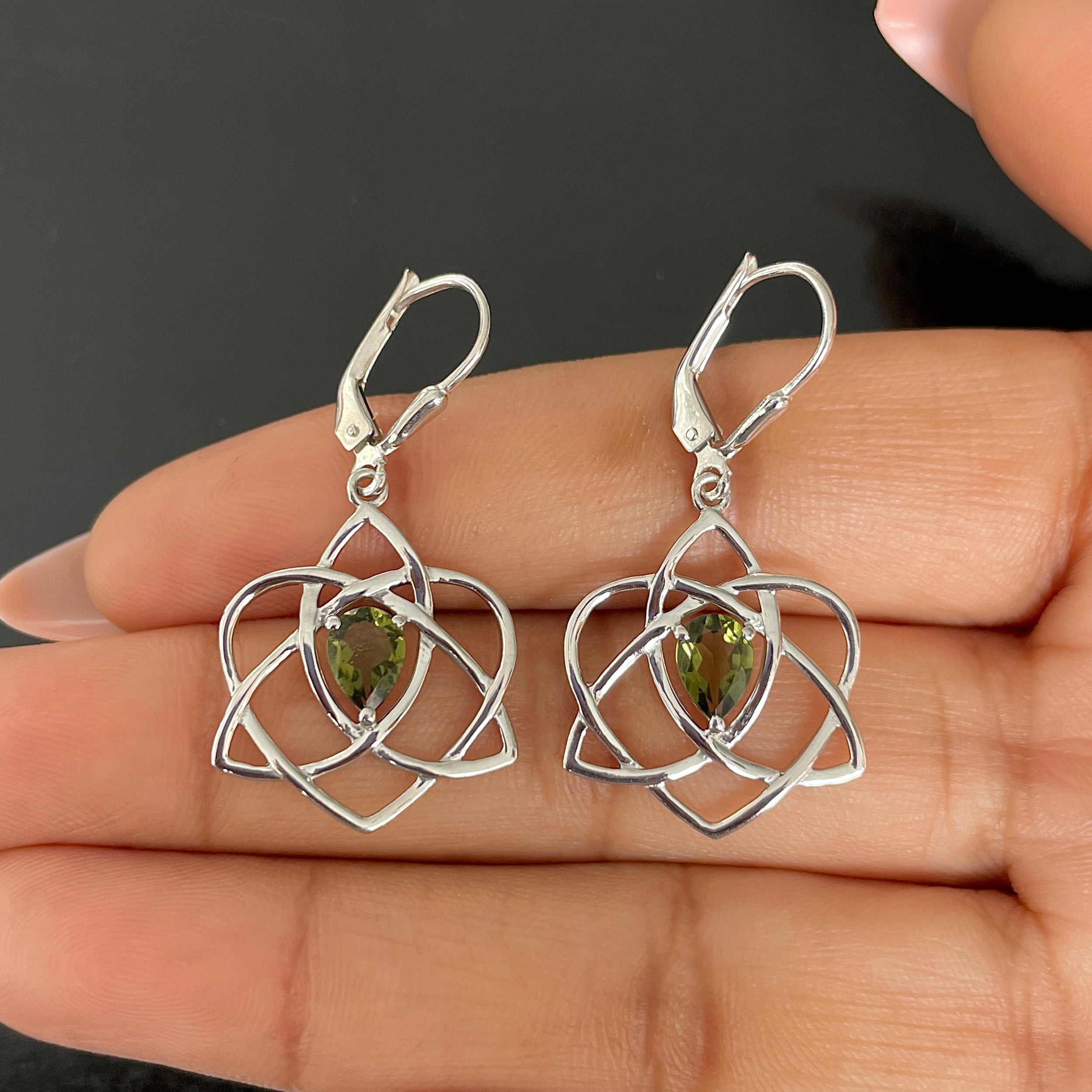 Moldavite Triquetra Heart Knot Leverback Earring-(MLD-SE-880.)