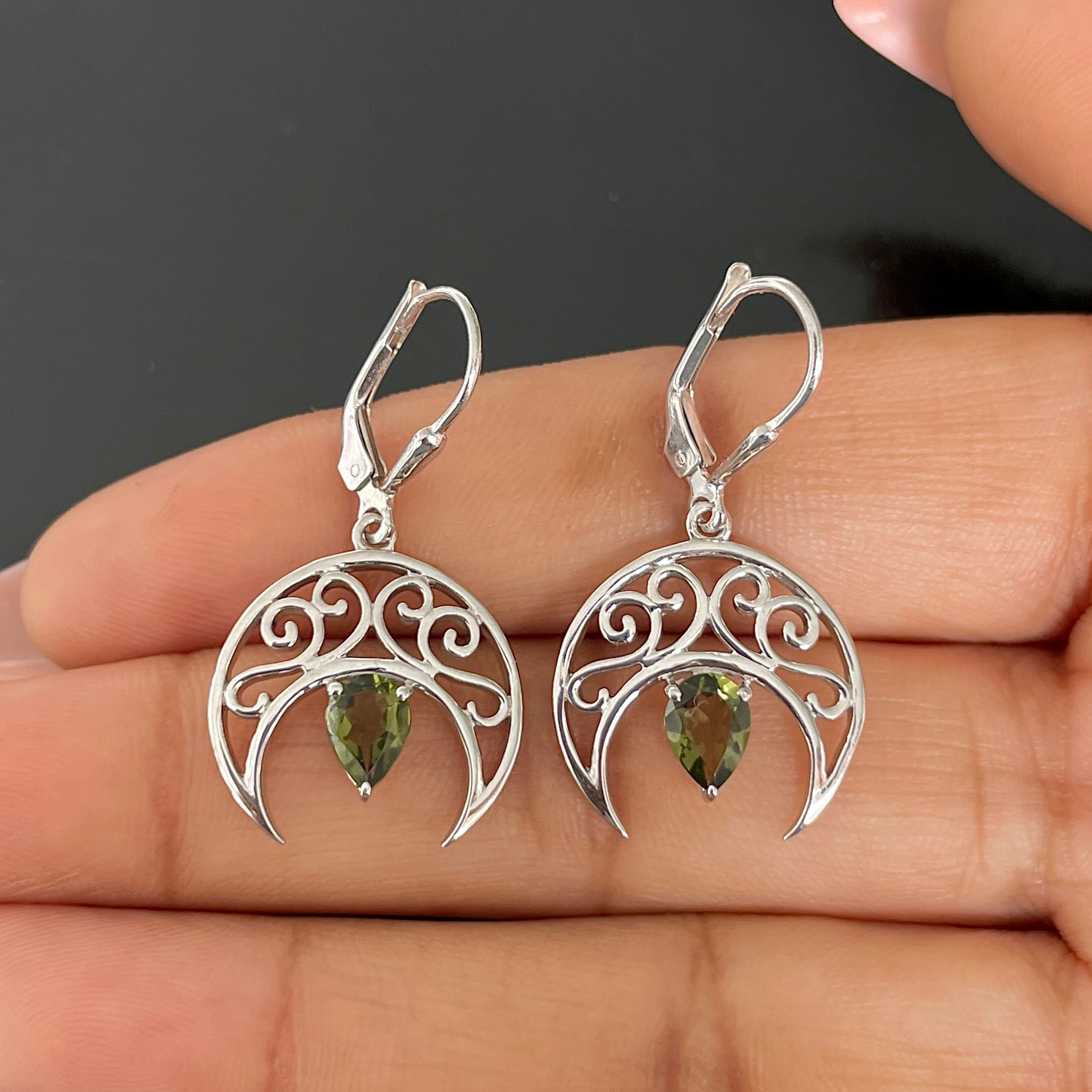 Moldavite Quartz Crescent Moon Leverback Earring-(MLD-SE-890.)