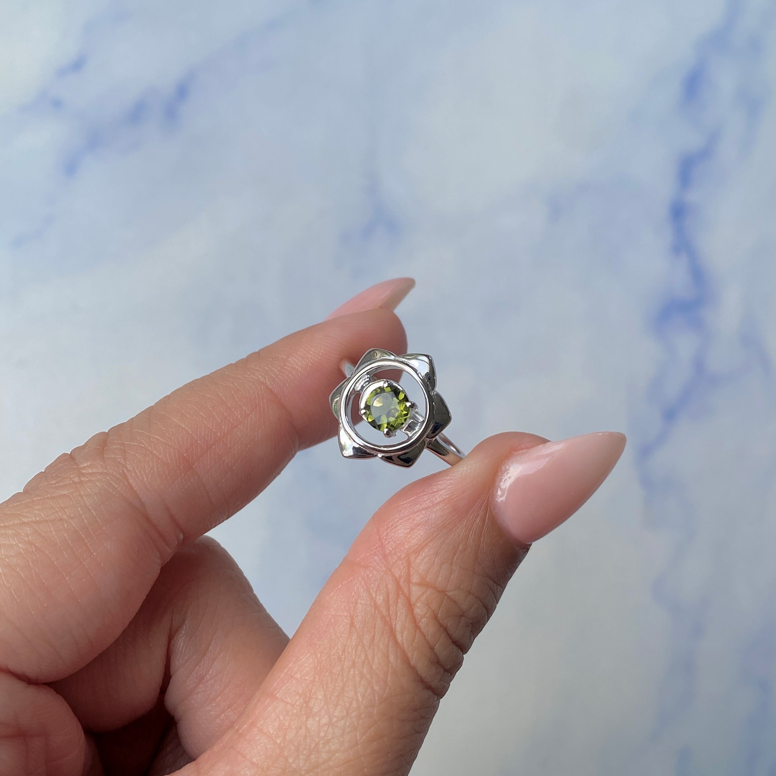 Moldavite Chakra & Crescent Moon Ring-(MLD-SR-2140.)