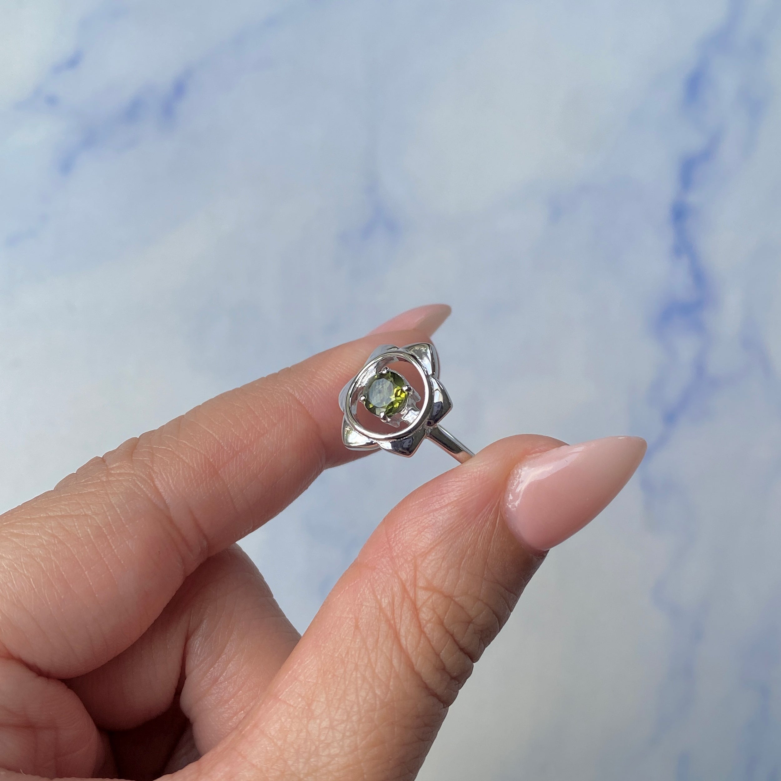 Moldavite Chakra & Crescent Moon Ring-(MLD-SR-2140.)