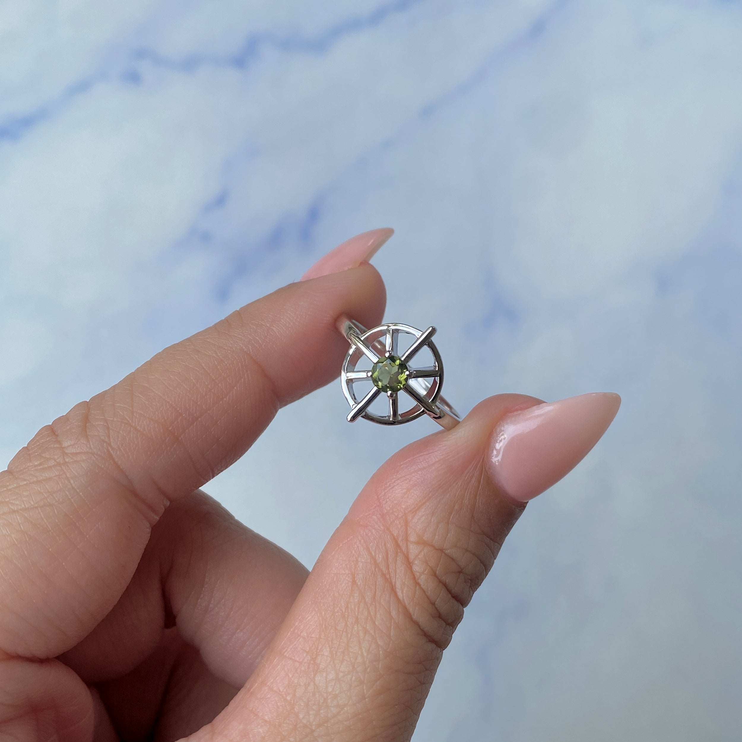 Moldavite Dharma Wheel Ring-(MLD-SR-2147.)