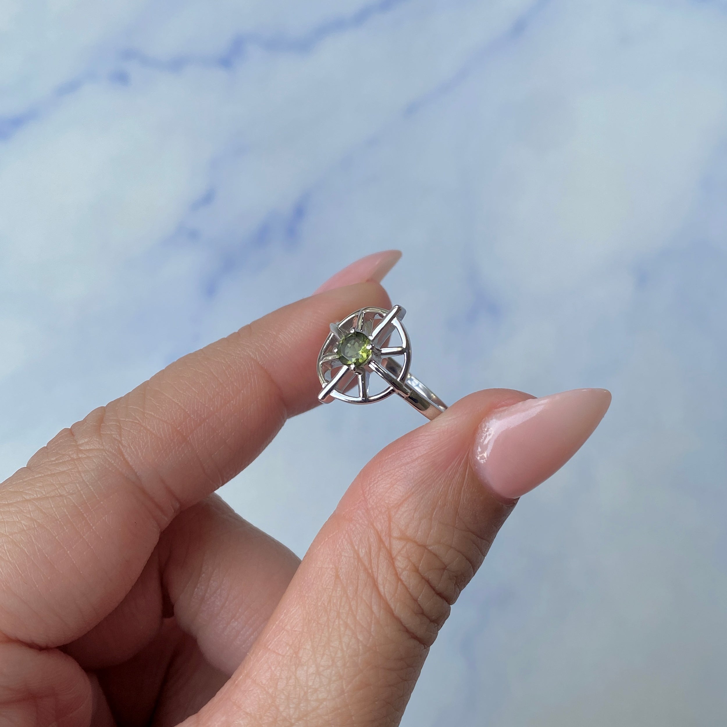 Moldavite Dharma Wheel Ring-(MLD-SR-2147.)