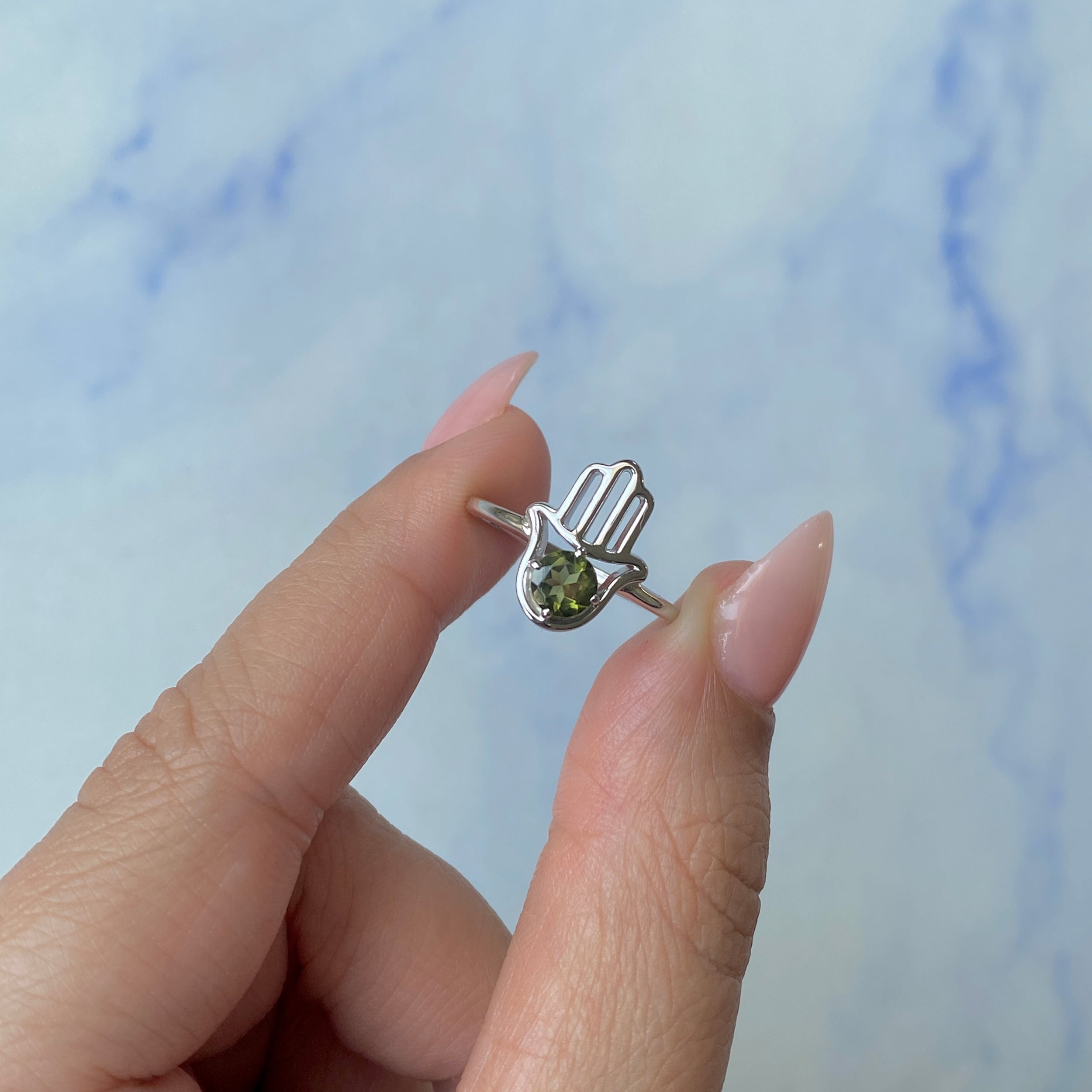 Moldavite Hamsa Hand Ring-(MLD-SR-2163.)