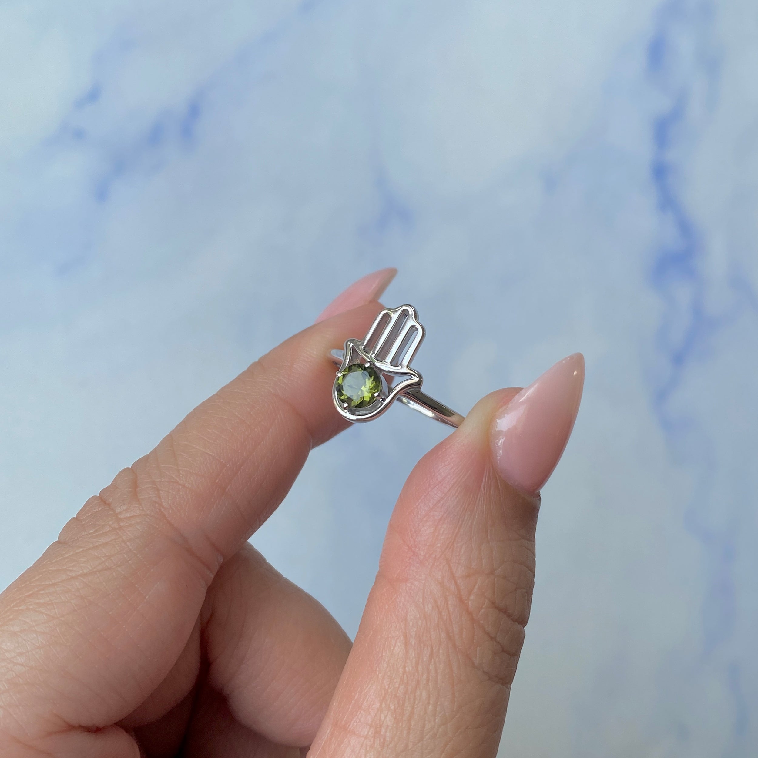 Moldavite Hamsa Hand Ring-(MLD-SR-2163.)