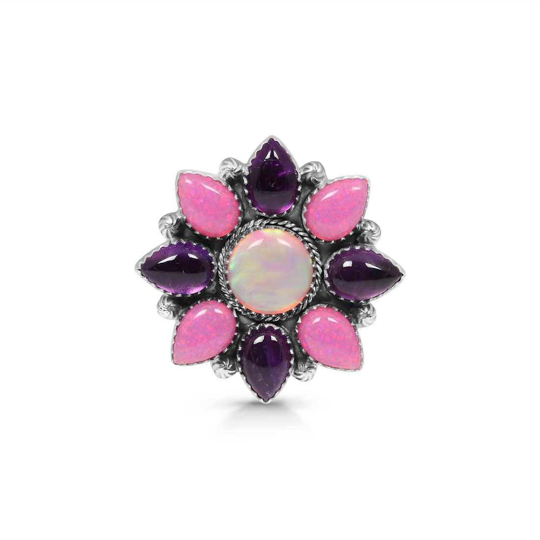 Neon Opal, Aura Opal And Amethyst Flower Adjustable Ring-(NOP-FLR-11.)