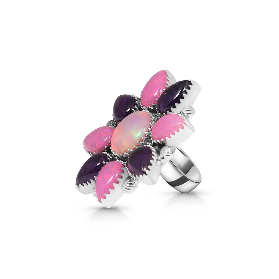 Neon Opal, Aura Opal And Amethyst Flower Adjustable Ring-(NOP-FLR-11.)