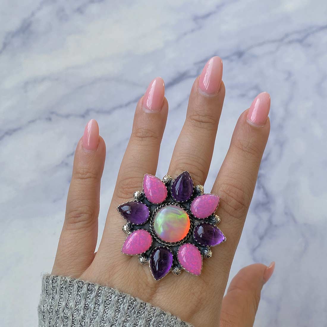 Neon Opal, Aura Opal And Amethyst Flower Adjustable Ring-(NOP-FLR-11.)