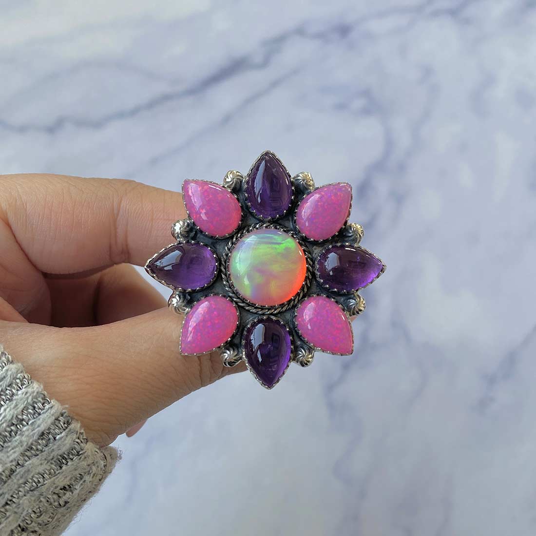 Neon Opal, Aura Opal And Amethyst Flower Adjustable Ring-(NOP-FLR-11.)