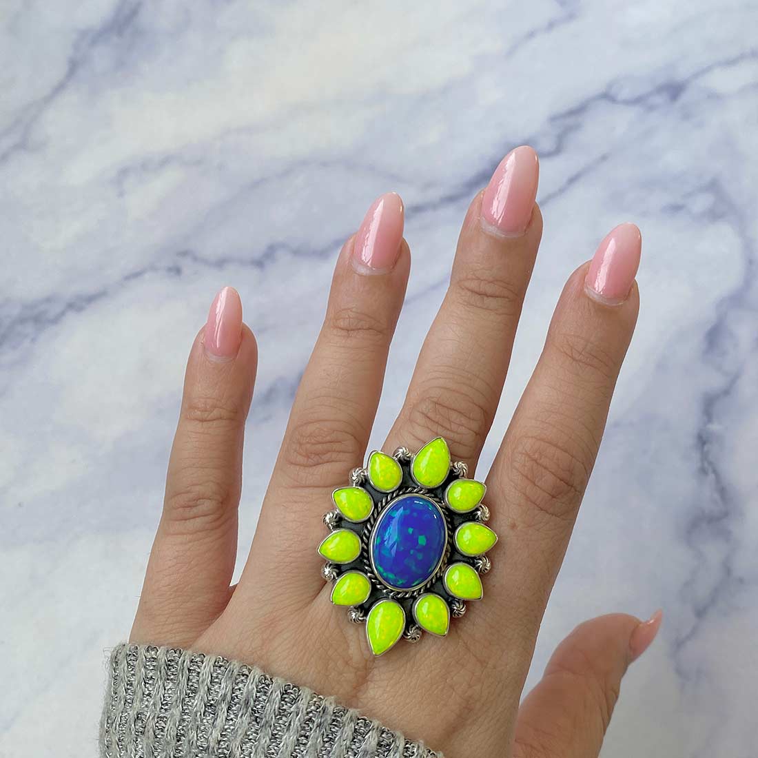 Neon Opal Flower Adjustable Ring-(NOP-FLR-12.)