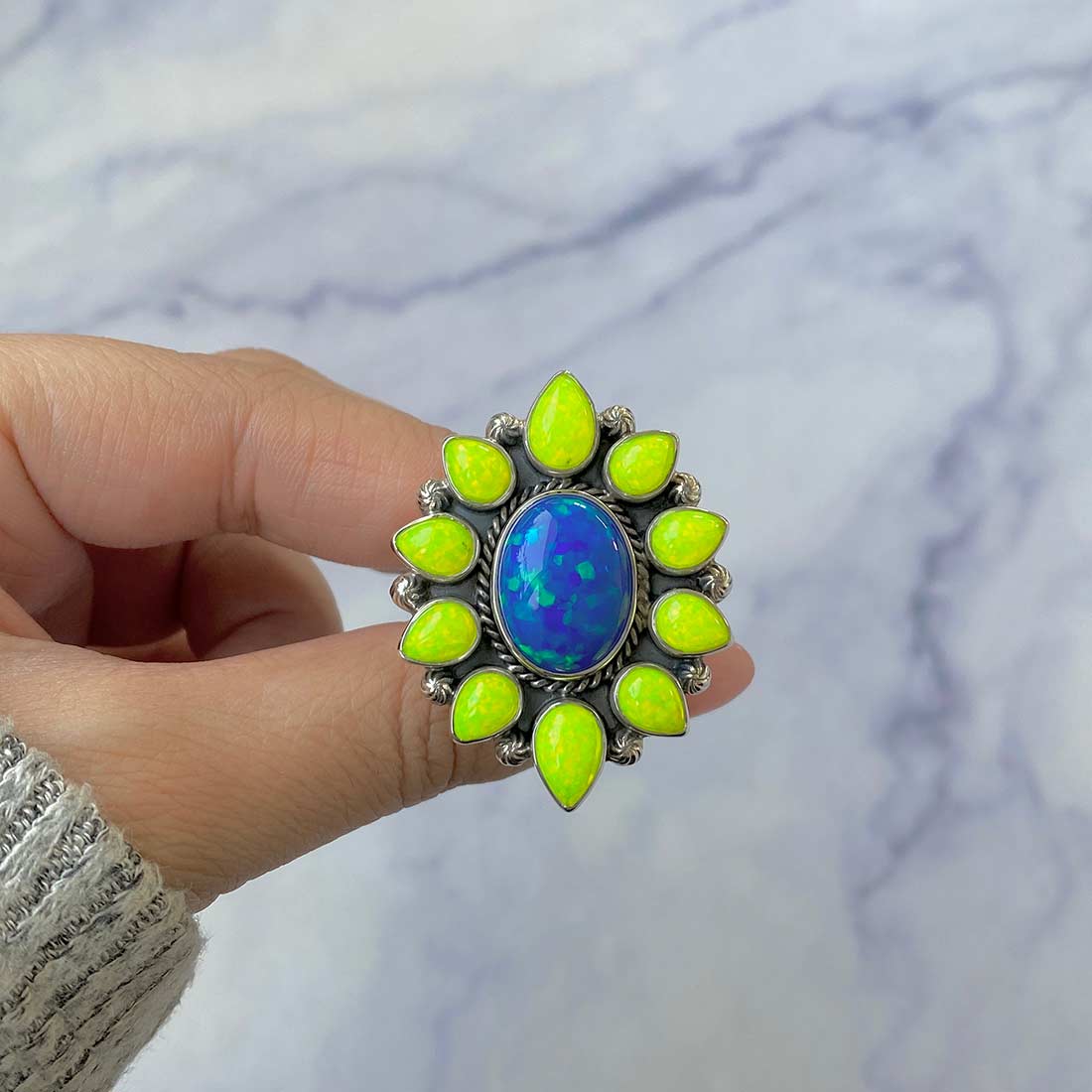 Neon Opal Flower Adjustable Ring-(NOP-FLR-12.)