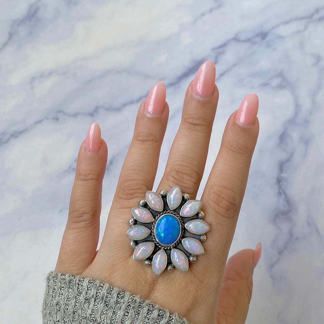 Neon Opal And Aura Opal Flower Adjustable Ring-(NOP-FLR-14.)