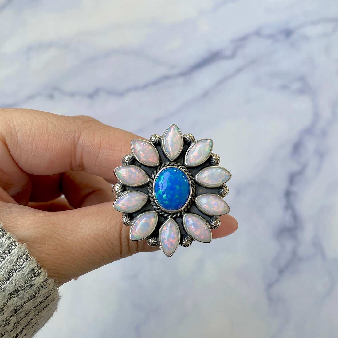 Neon Opal And Aura Opal Flower Adjustable Ring-(NOP-FLR-14.)