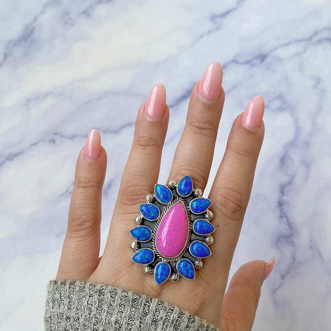 Neon Opal Flower Adjustable Ring-(NOP-FLR-18.)