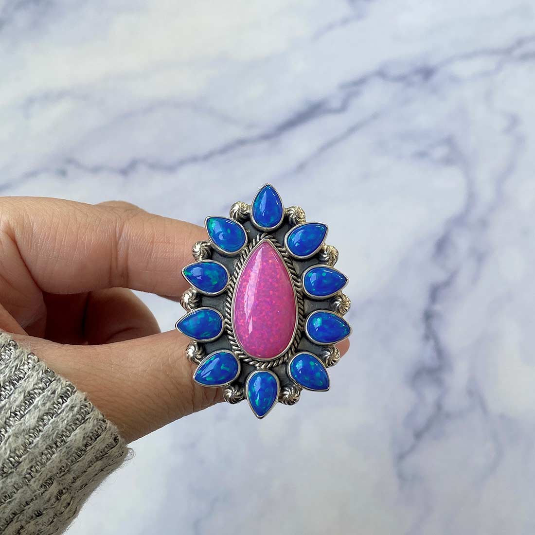 Neon Opal Flower Adjustable Ring-(NOP-FLR-18.)