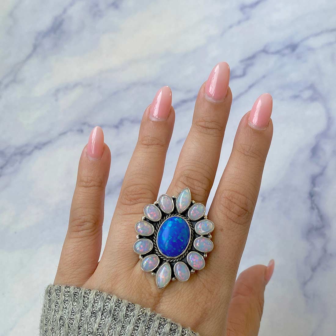 Neon Opal Flower Adjustable Ring-(NOP-FLR-19.)