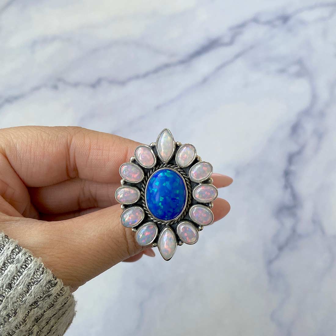 Neon Opal Flower Adjustable Ring-(NOP-FLR-19.)