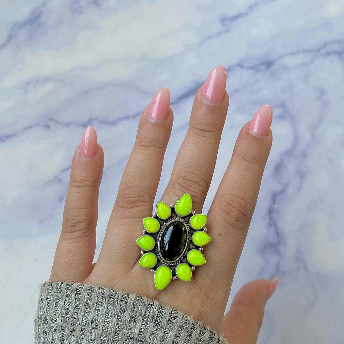 Neon Yellow Opal And Black Onyx Flower Adjustable Ring-(NOP-FLR-2.)