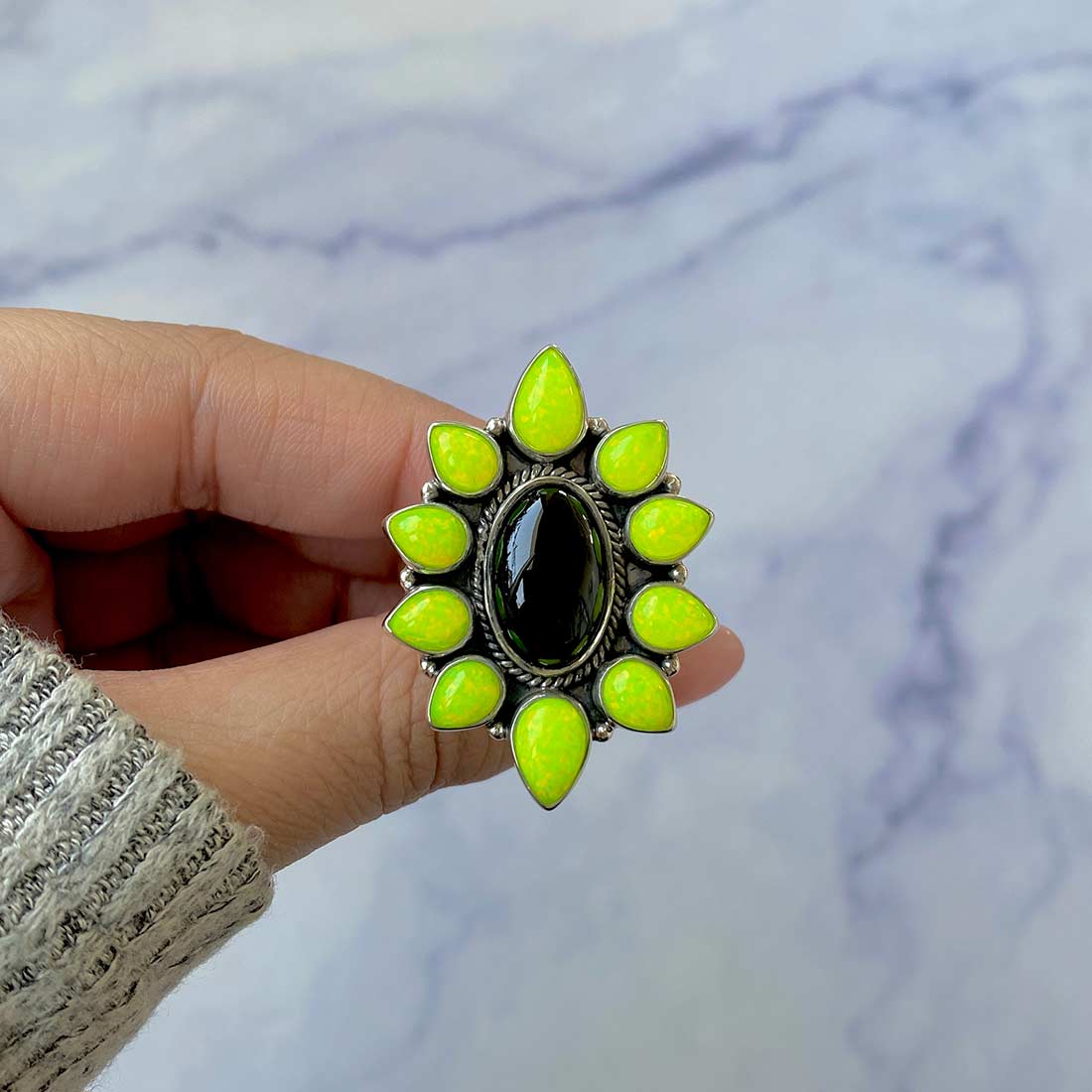 Neon Yellow Opal And Black Onyx Flower Adjustable Ring-(NOP-FLR-2.)