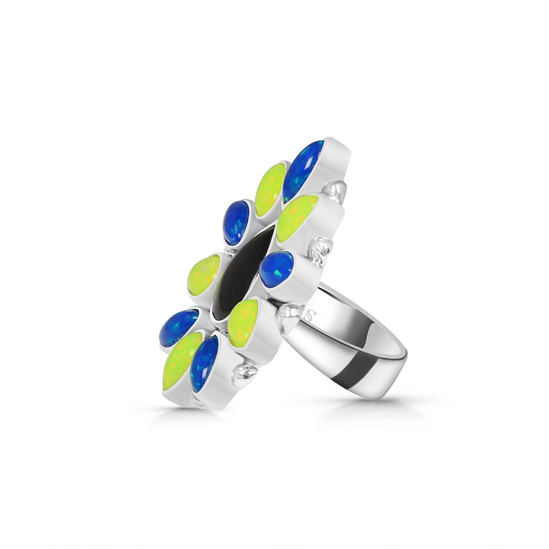 Neon Opal And Black Onyx Flower Adjustable Ring-(NOP-FLR-5.)