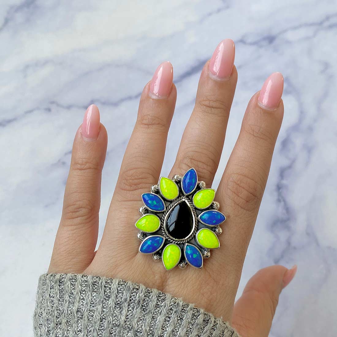 Neon Opal And Black Onyx Flower Adjustable Ring-(NOP-FLR-5.)