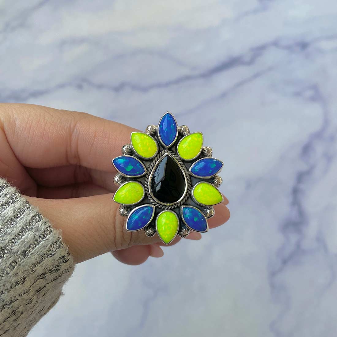Neon Opal And Black Onyx Flower Adjustable Ring-(NOP-FLR-5.)