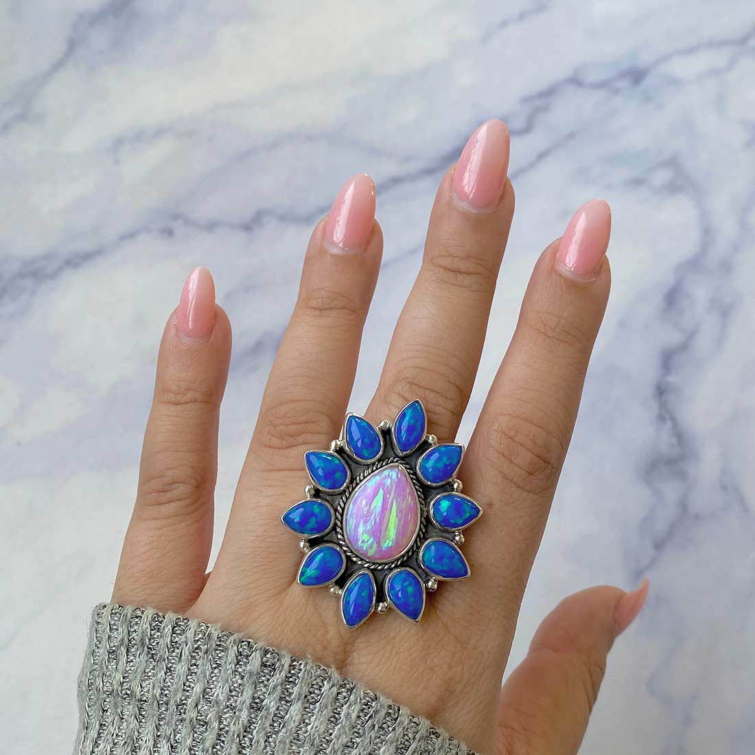 Neon Opal And Aura Opal Flower Adjustable Ring-(NOP-FLR-6.)