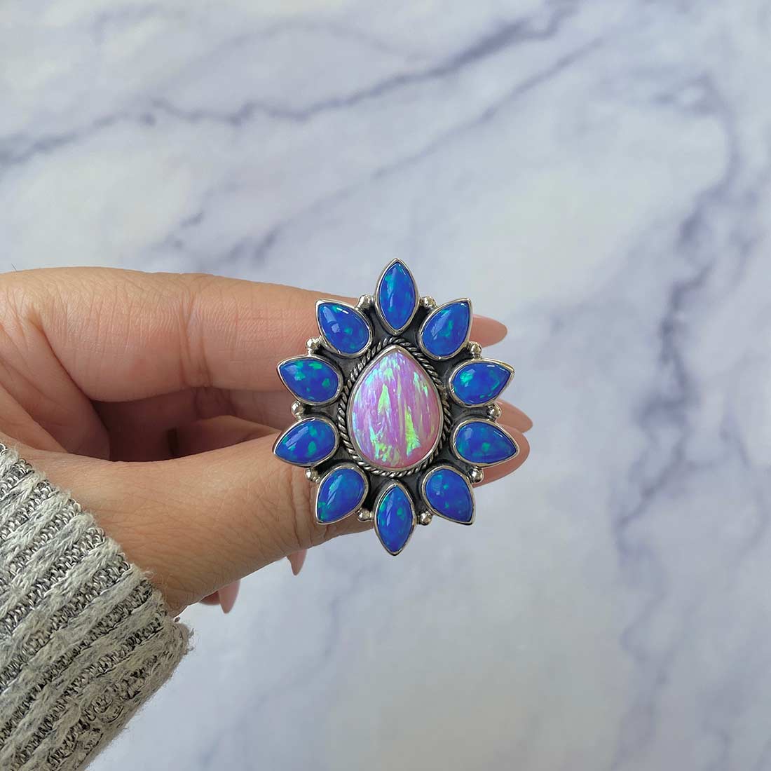 Neon Opal And Aura Opal Flower Adjustable Ring-(NOP-FLR-6.)