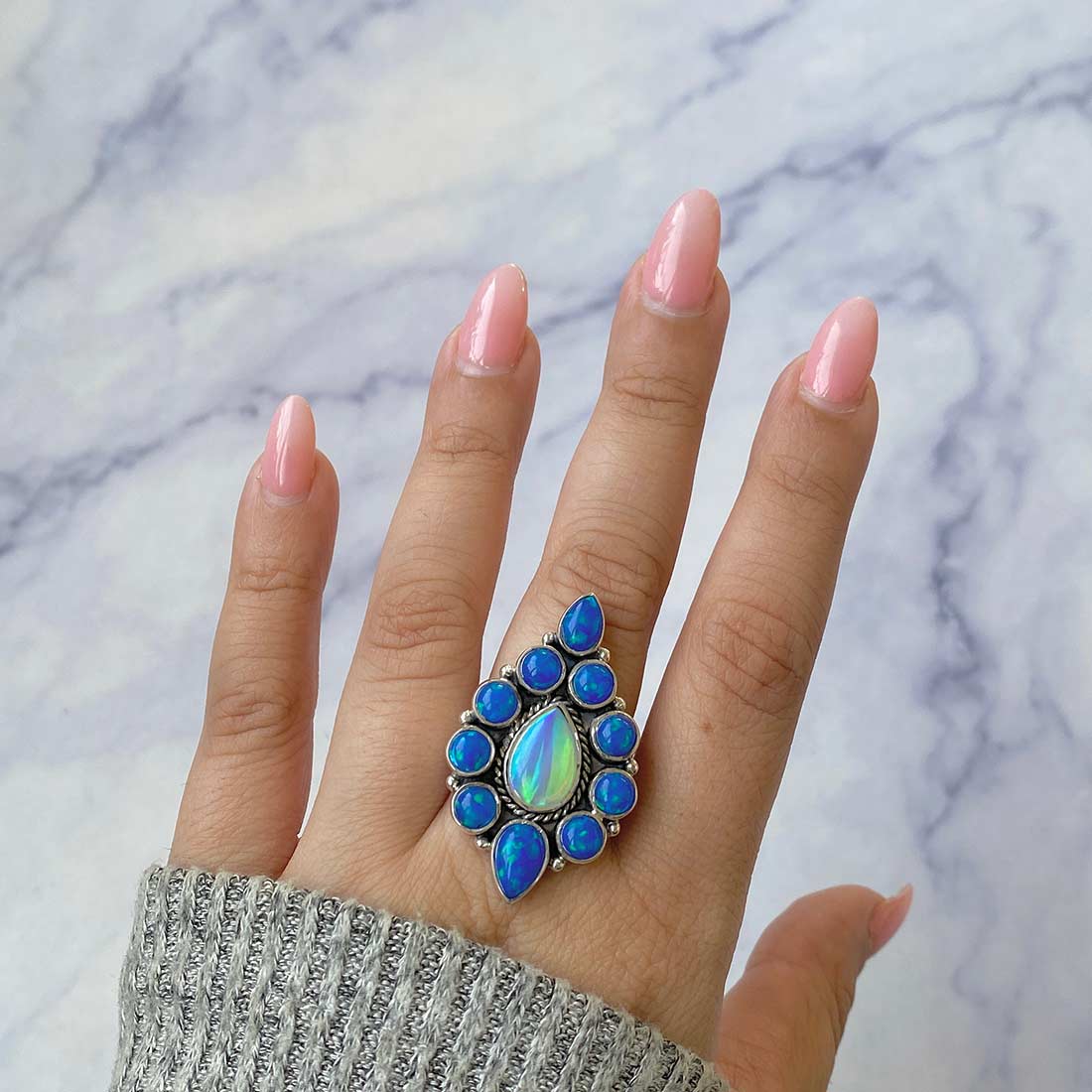 Neon Opal And Aura Opal Flower Adjustable Ring-(NOP-FLR-7.)