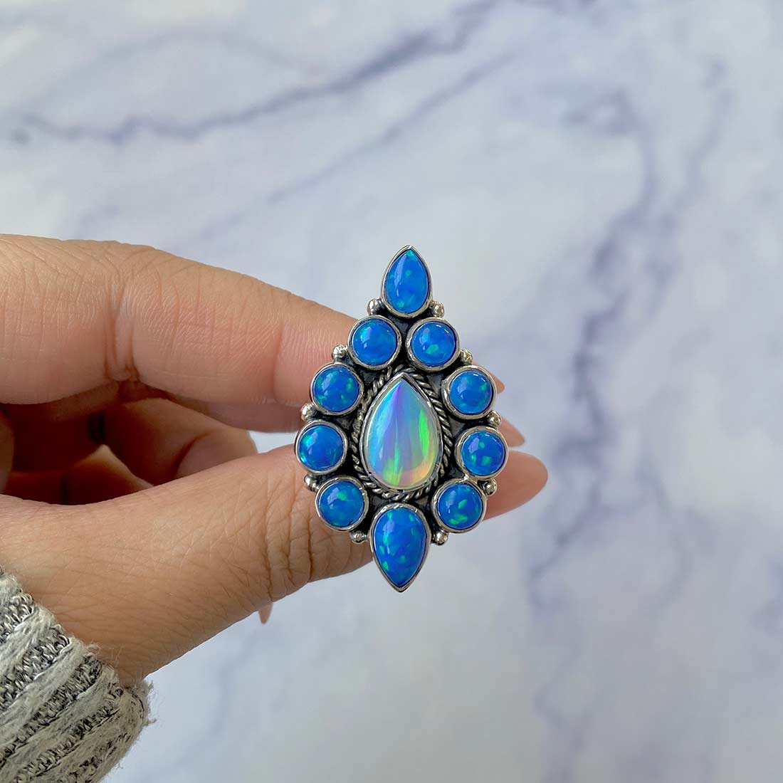 Neon Opal And Aura Opal Flower Adjustable Ring-(NOP-FLR-7.)