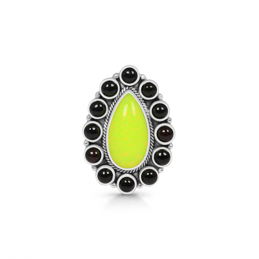 Neon Yellow Opal And Black Onyx Flower Adjustable Ring-(NOP-FLR-4.)