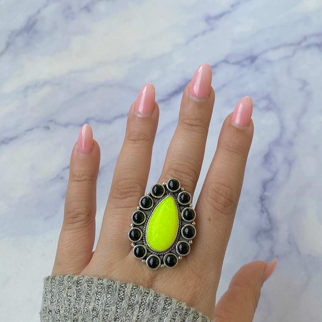 Neon Yellow Opal And Black Onyx Flower Adjustable Ring-(NOP-FLR-4.)