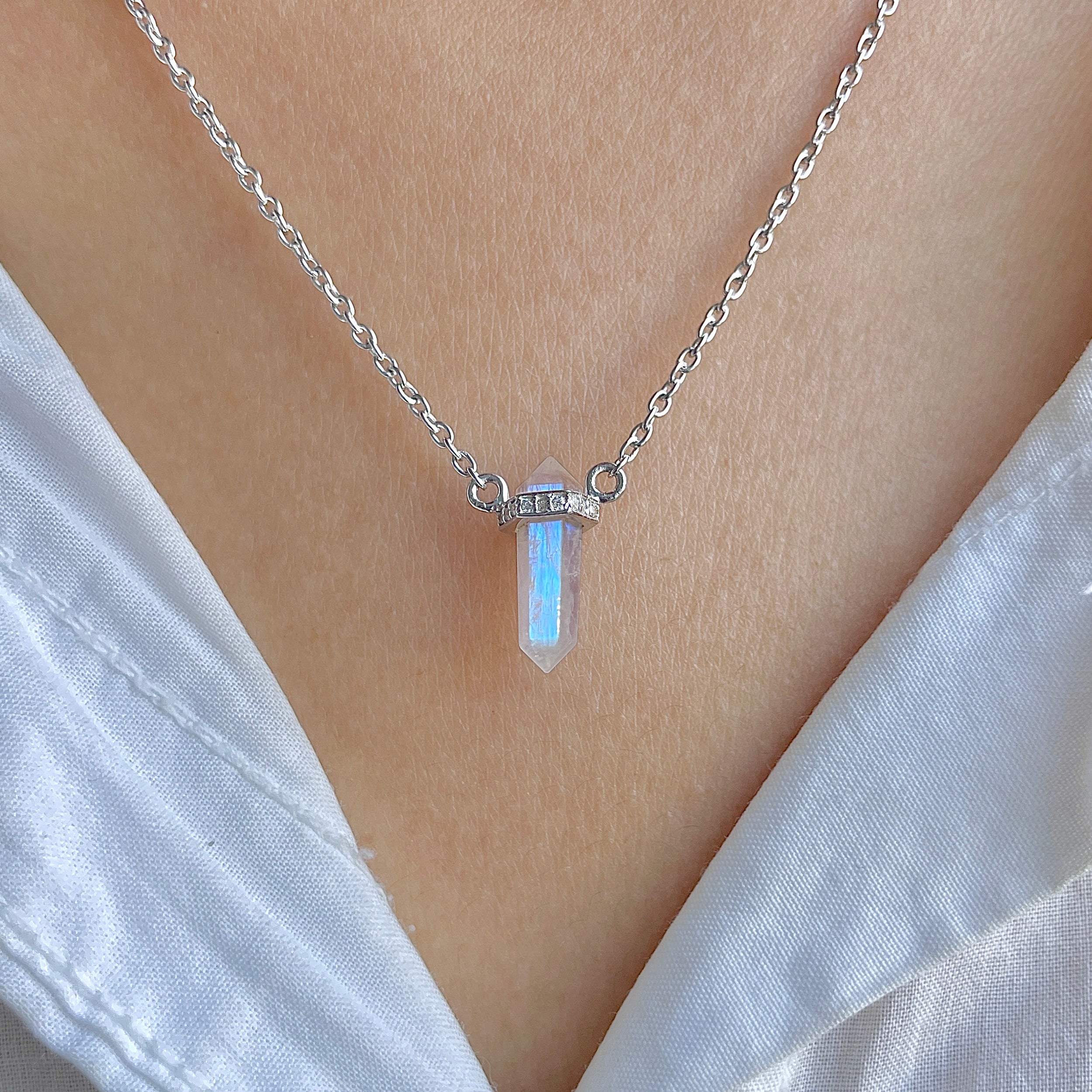 Moonstone & White Topaz Pencil Necklace-(RBM-RN-84.)