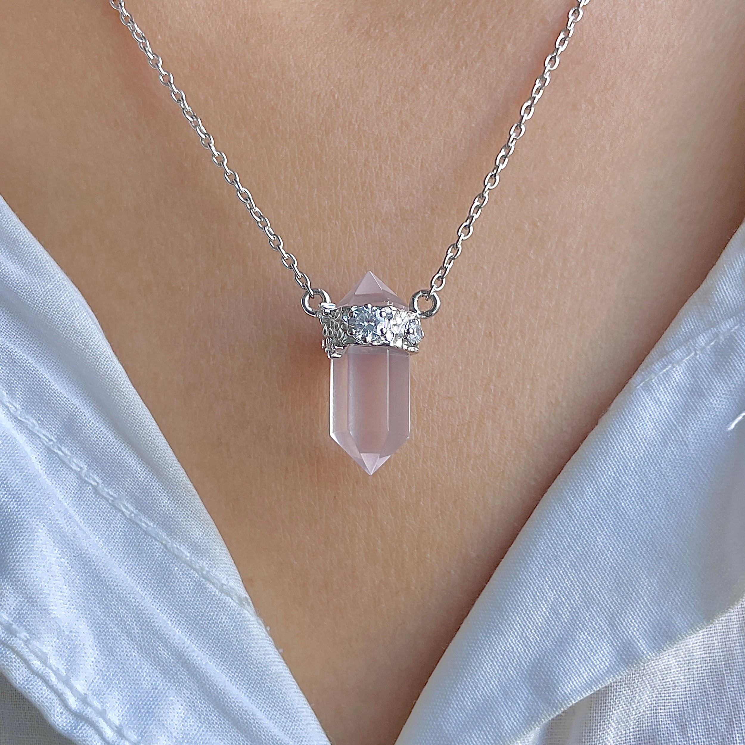 Rose Quartz & White Topaz Pencil Necklace-(RSQ-RDN-136.)