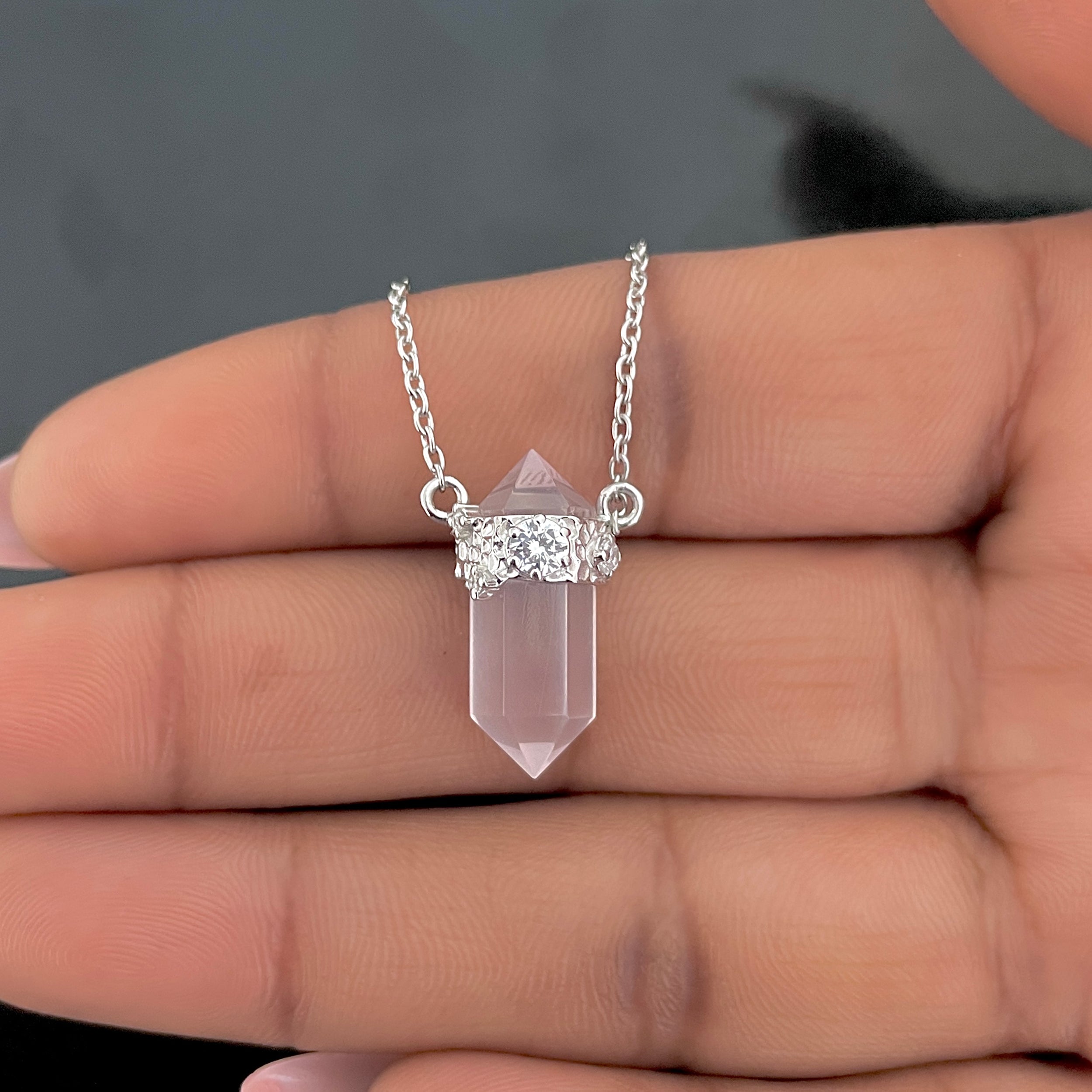 Rose Quartz & White Topaz Pencil Necklace-(RSQ-RDN-136.)