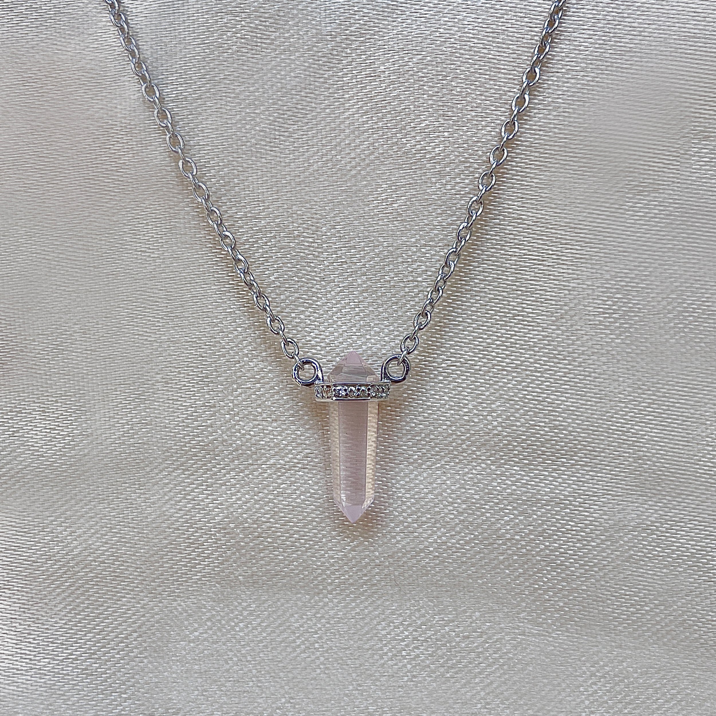 Rose Quartz & White Topaz Pencil Necklace-(RSQ-SN-84.)